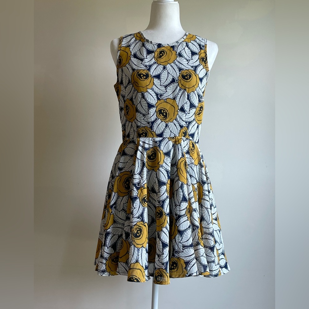 Maison Jules Navy + Mustard Fit and Flare Dress Size: M